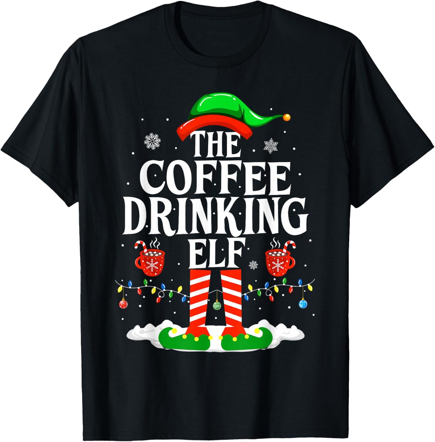 The Coffee Drinking Elf Funny Family Christmas Coffee T-Shirt - T-Shirt | Black