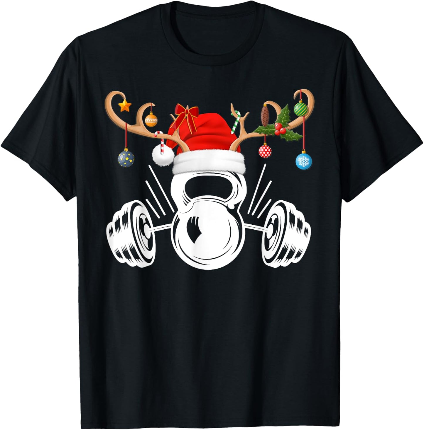 Funny Reindeer Santa Hat Weightlifting Fitness Christmas T-Shirt - T-Shirt | Black