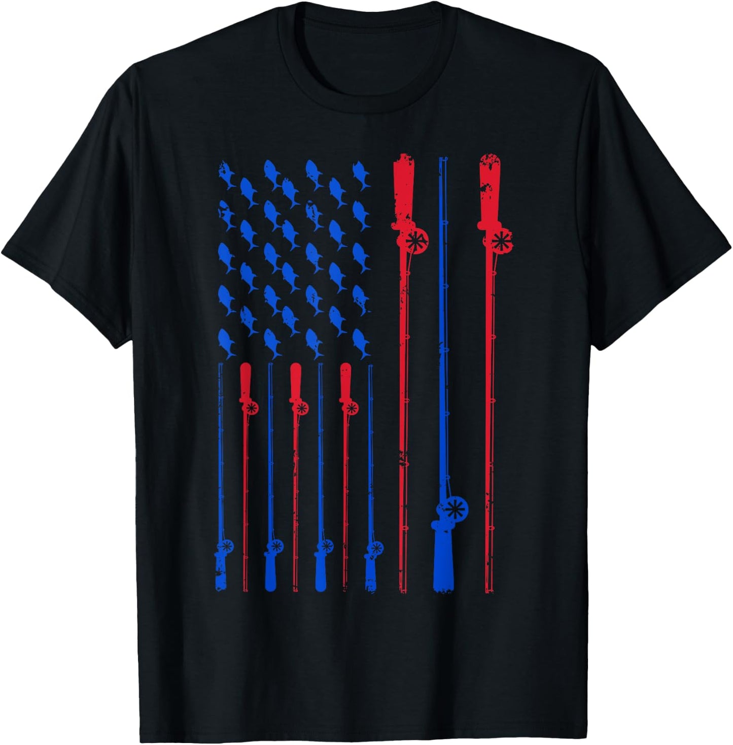 Fishing Pole American Flag Patriotic Men Women 4th of July T-Shirt - T-Shirt | Black