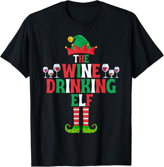 The Wine Drinking Elf, Funny Matching Family Group Christmas T-Shirt - T-Shirt | Black