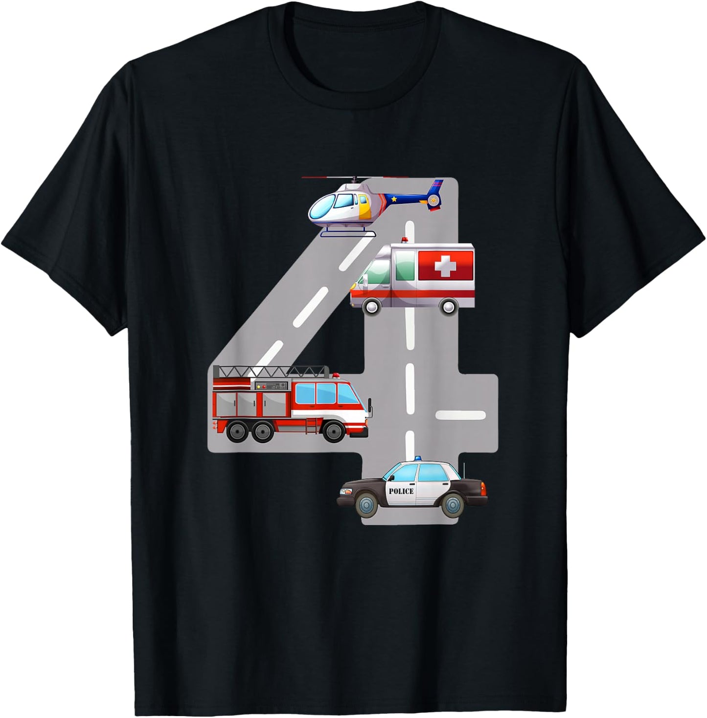 Emergency Vehicles 4th Birthday Fire Truck Police Car Boys T-Shirt - T-Shirt | Black
