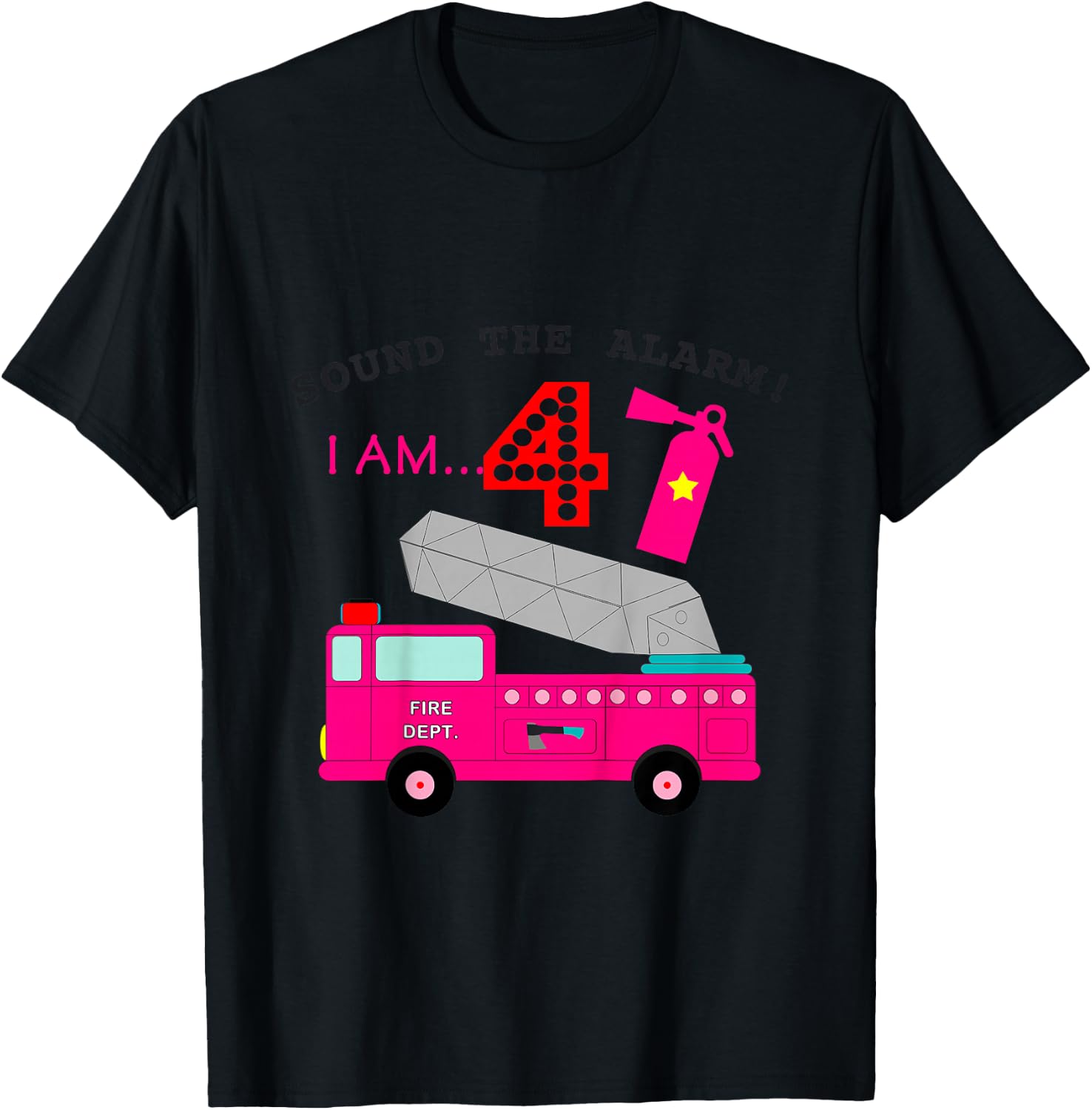 Fire Truck 4th Birthday 4 Yr Old Girls Firetruck Themed Cute T-Shirt - T-Shirt | Black