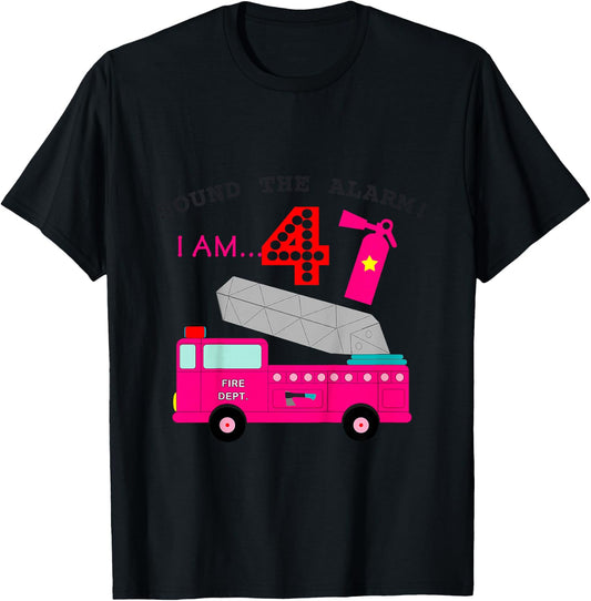 Fire Truck 4th Birthday 4 Yr Old Girls Firetruck Themed Cute T-Shirt - T-Shirt | Black