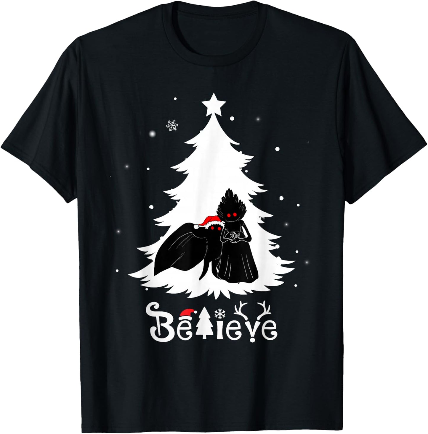 Believe Mothman And Flatwoods Monster Christmas Cryptid T-Shirt - T-Shirt | Black