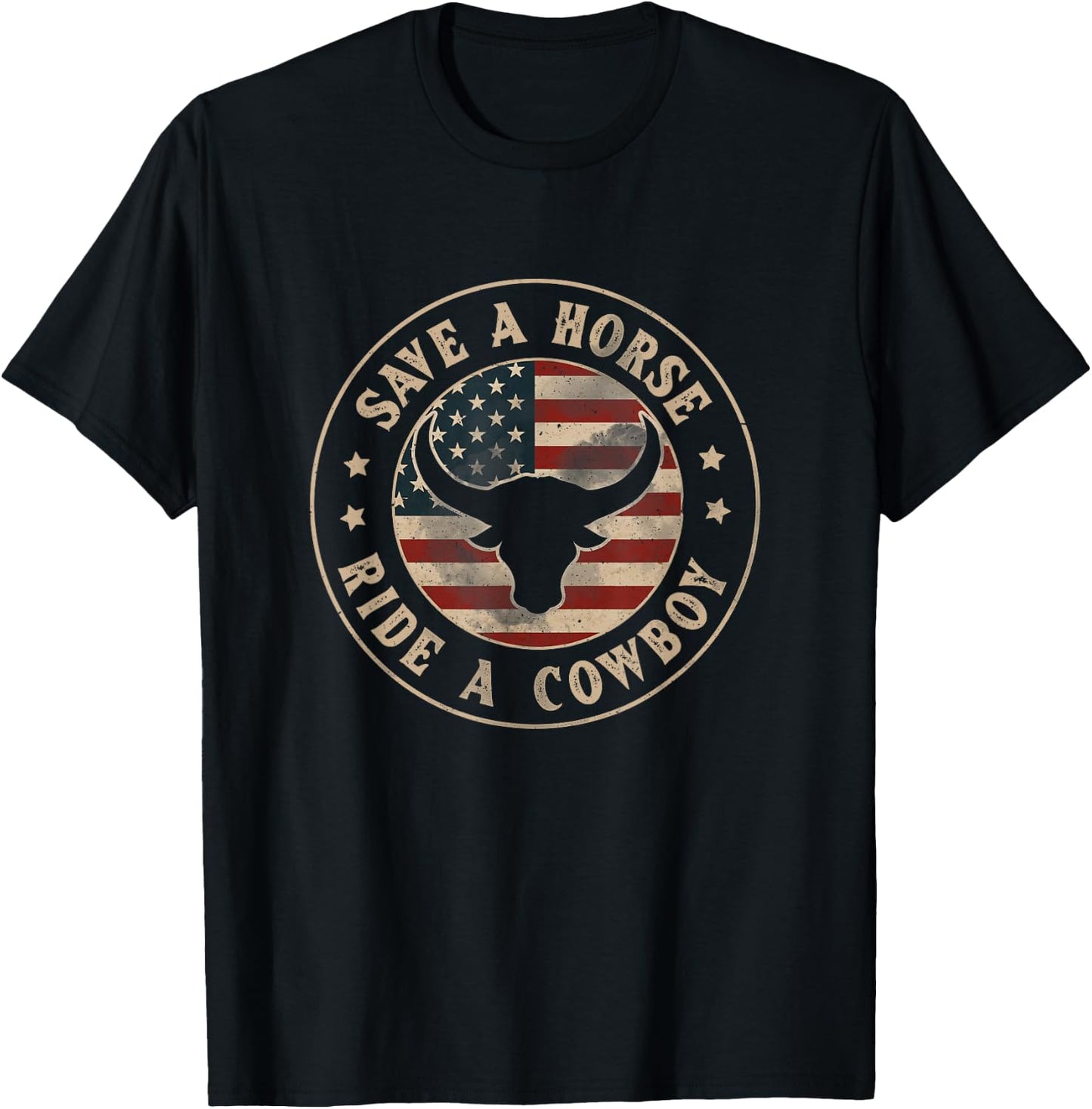 Save A Horse Ride A Cowboy Western Country USA Flag T-Shirt - T-Shirt | Black