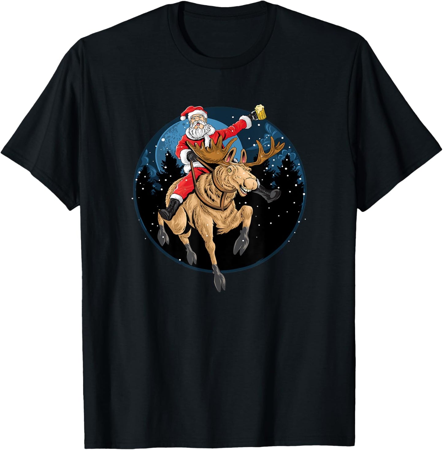 Santa Claus Drinking a Beer While Riding a Moose T-Shirt - T-Shirt | Black