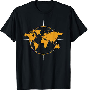Geographic, World Map & Compass Graphic Travel T-Shirt - T-Shirt | Black
