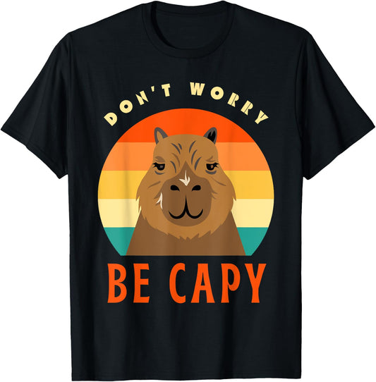 Capybara Funny Don’t Worry Be Capy Pun Retro Men Women Kids T-Shirt - T-Shirt | Black