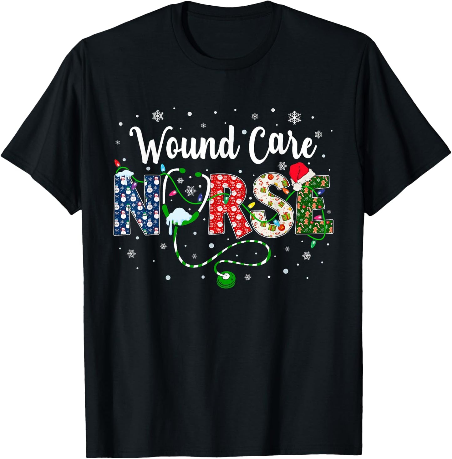 Wound Care Nurse Xmas Santa Hat Nurse Christmas Pattern T-Shirt - T-Shirt | Black