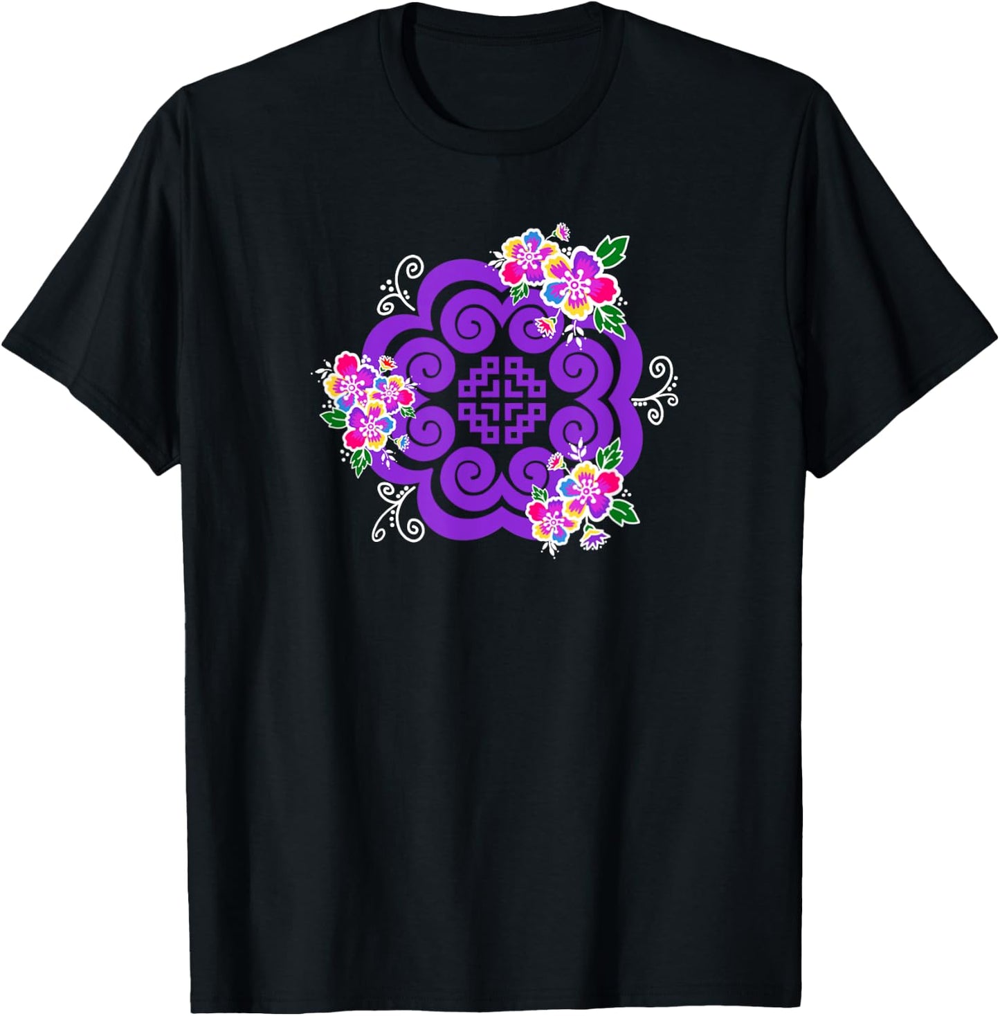 Hmong Purple elephant footprint with flowers T-Shirt - T-Shirt | Black