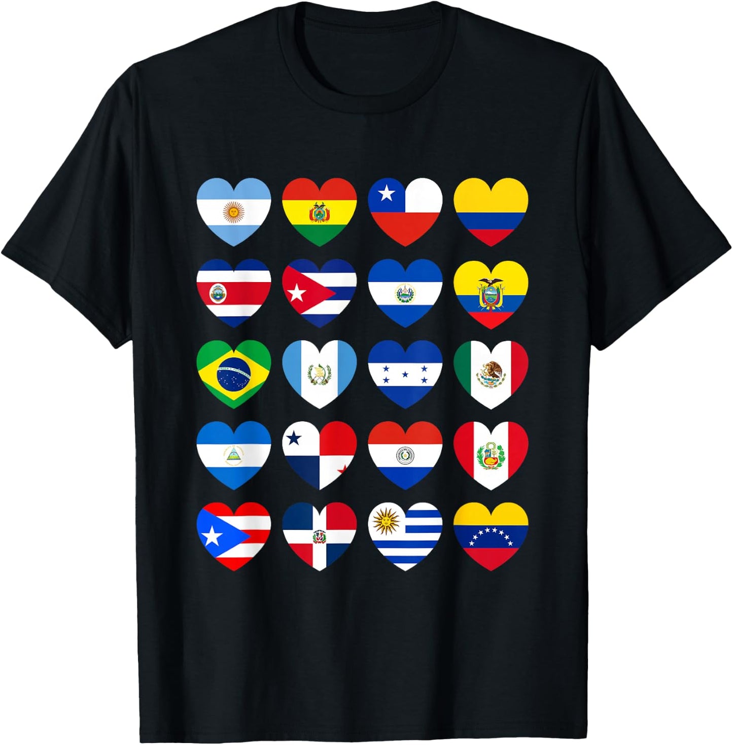 National Hispanic Heritage Month All Countries Flags Hearts T-Shirt - T-Shirt | Black