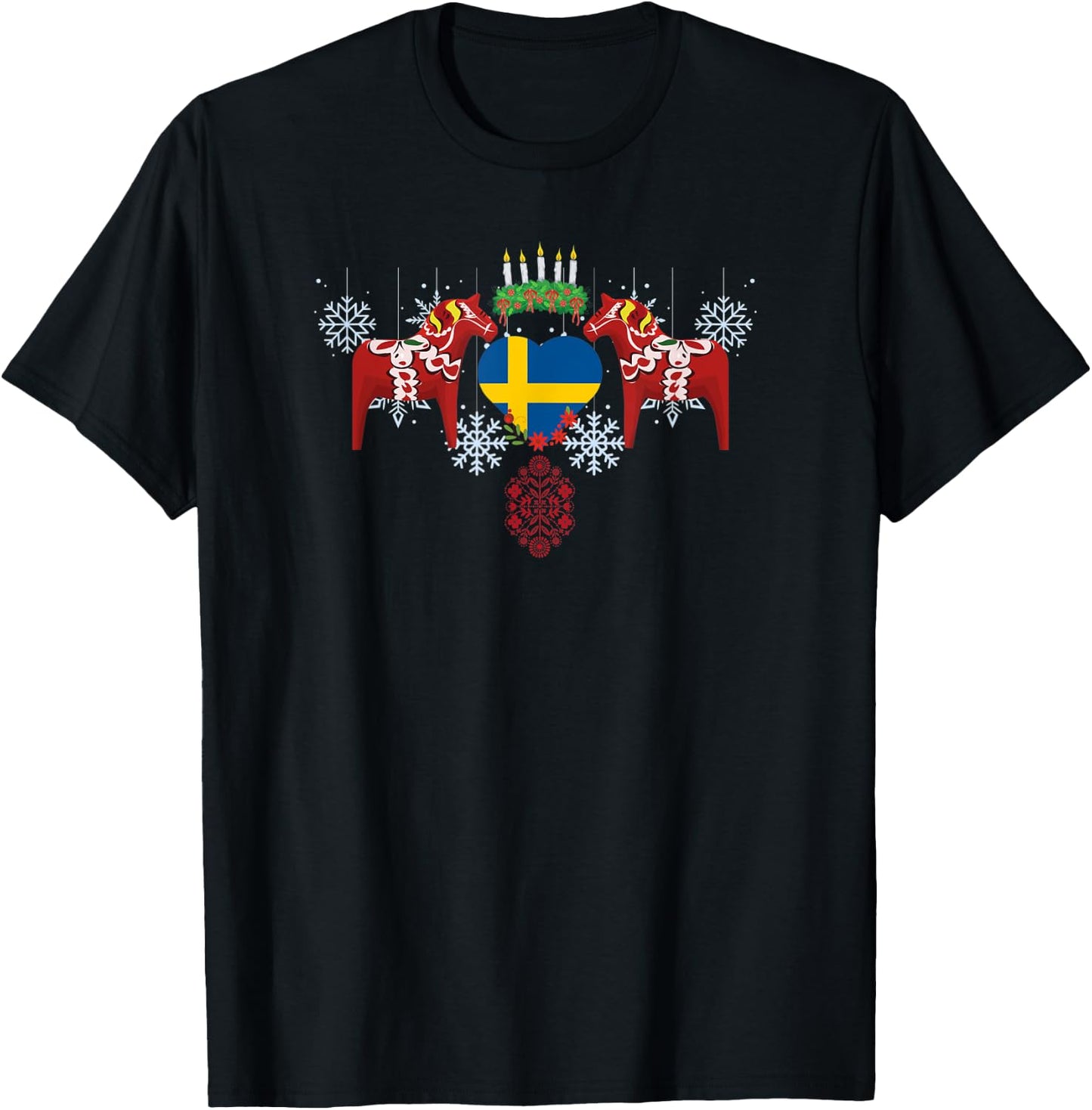 Sweden flag heart Swedish dala horses Christmas Santa Lucia T-Shirt - T-Shirt | Black