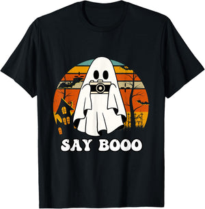 Halloween Photographer Vintage Say Boo T-Shirt - T-Shirt | Black