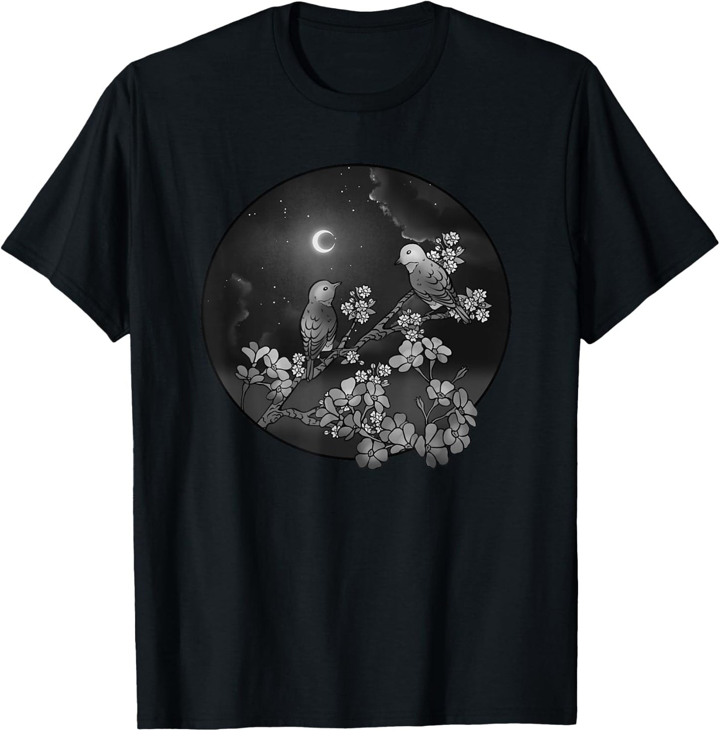 Blossoms Birds on Flowering Tree Starry Sky Crescent Moon T-Shirt - T-Shirt | Black
