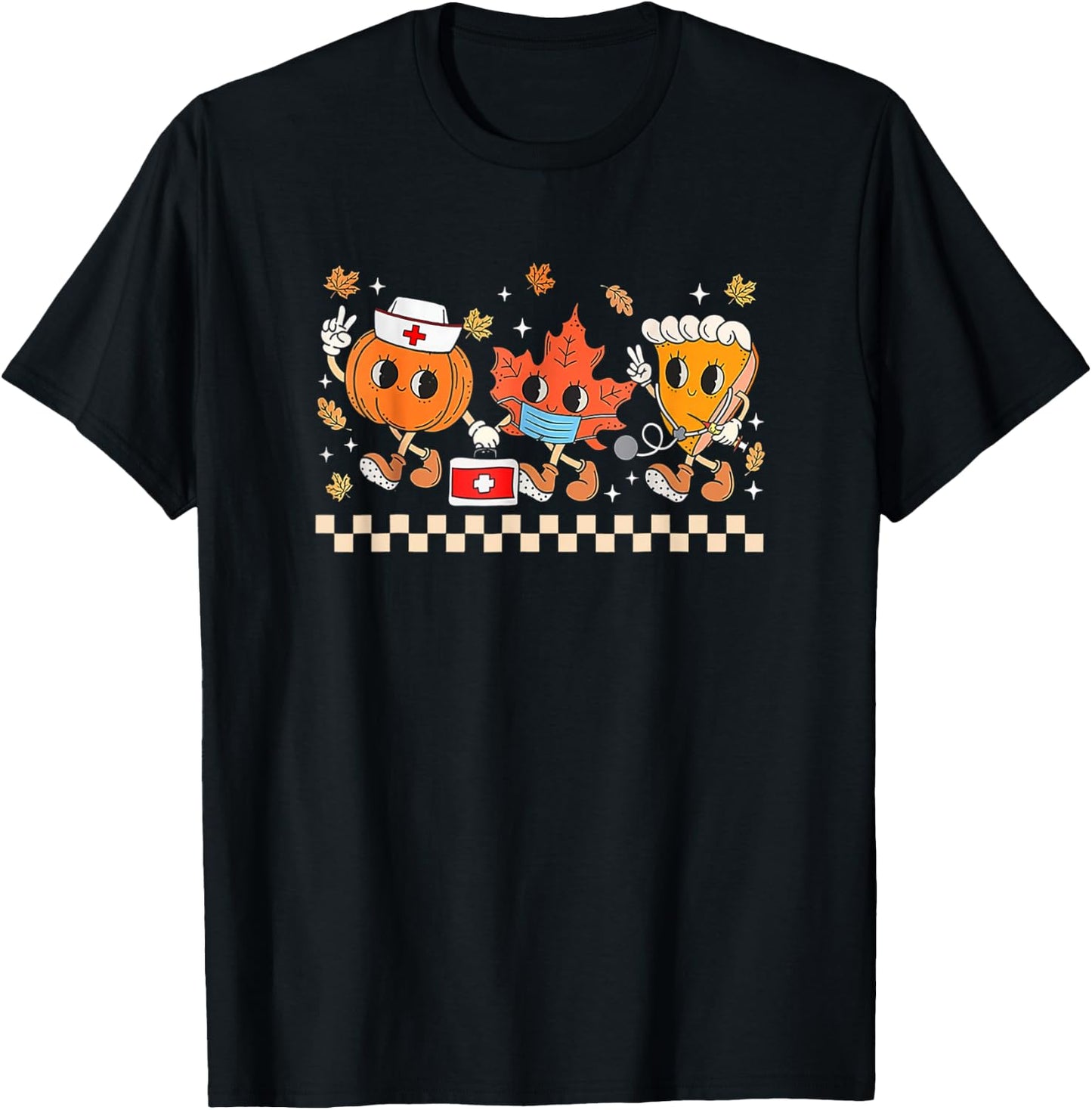 Retro Nurse Thanksgiving Pumpkin Pie Leaves Thankful Nurse T-Shirt - T-Shirt | Black