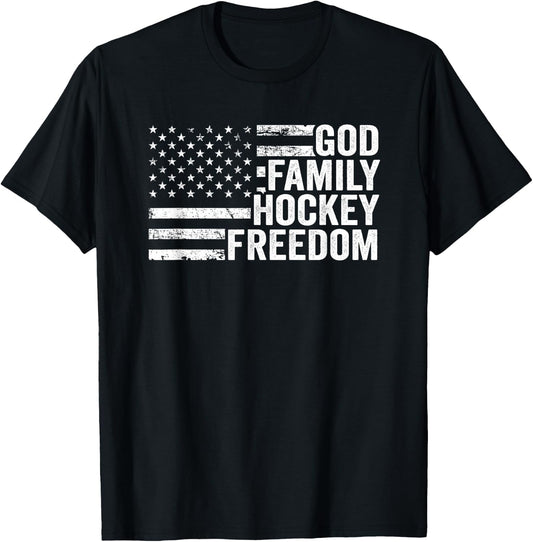 God Family Hockey Freedom - Player Coach American USA Flag T-Shirt - T-Shirt | Black