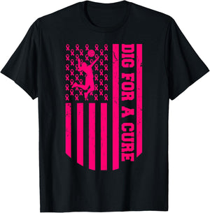 Dig For A Cure Breast Cancer Volleyball Pink American Flag T-Shirt - T-Shirt | Black