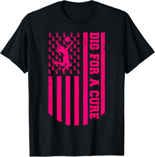 Dig For A Cure Breast Cancer Volleyball Pink American Flag T-Shirt - T-Shirt | Black