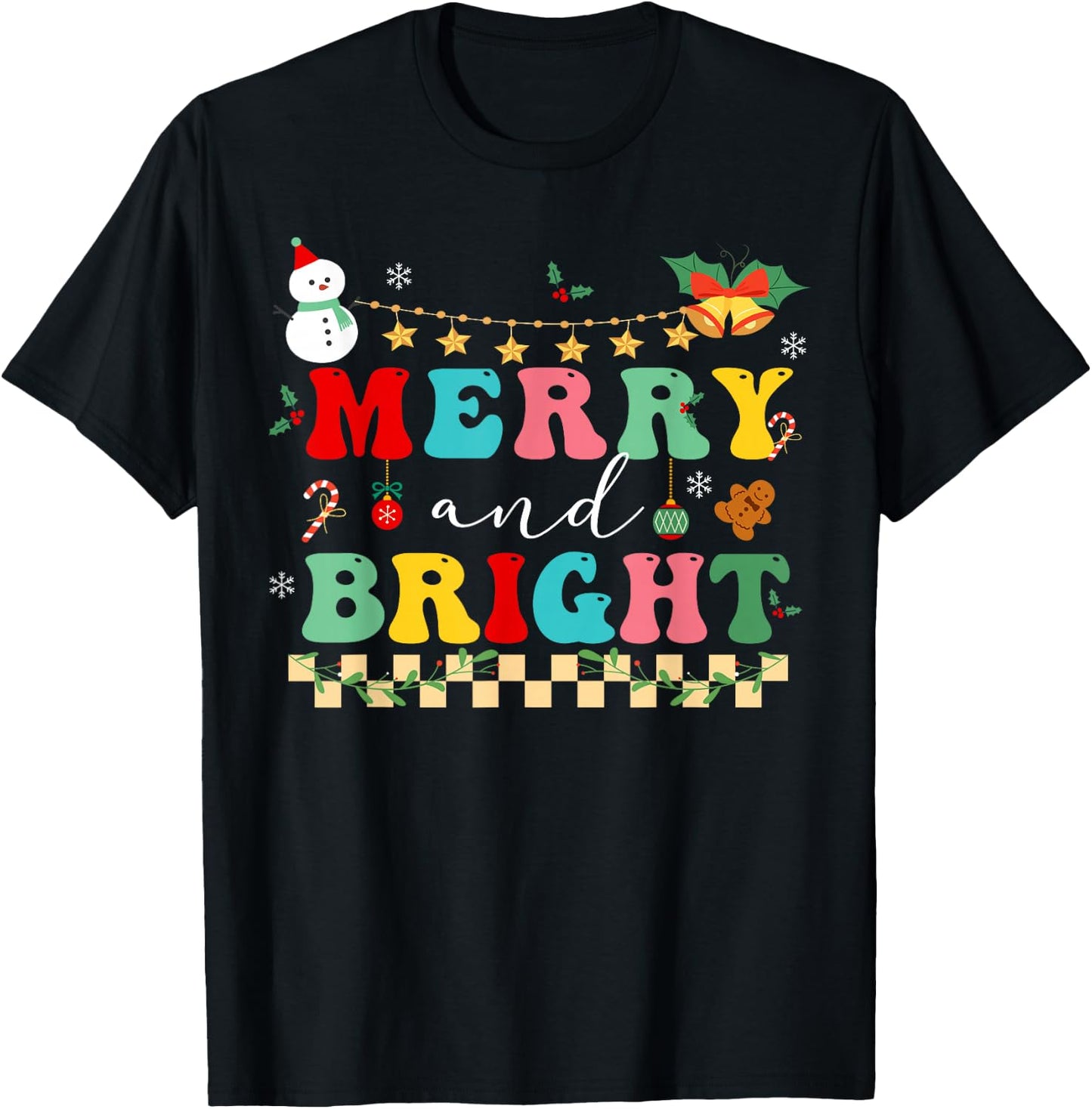 Retro cute Groovy Merry Christmas Bright Family Pajamas T-Shirt - T-Shirt | Black