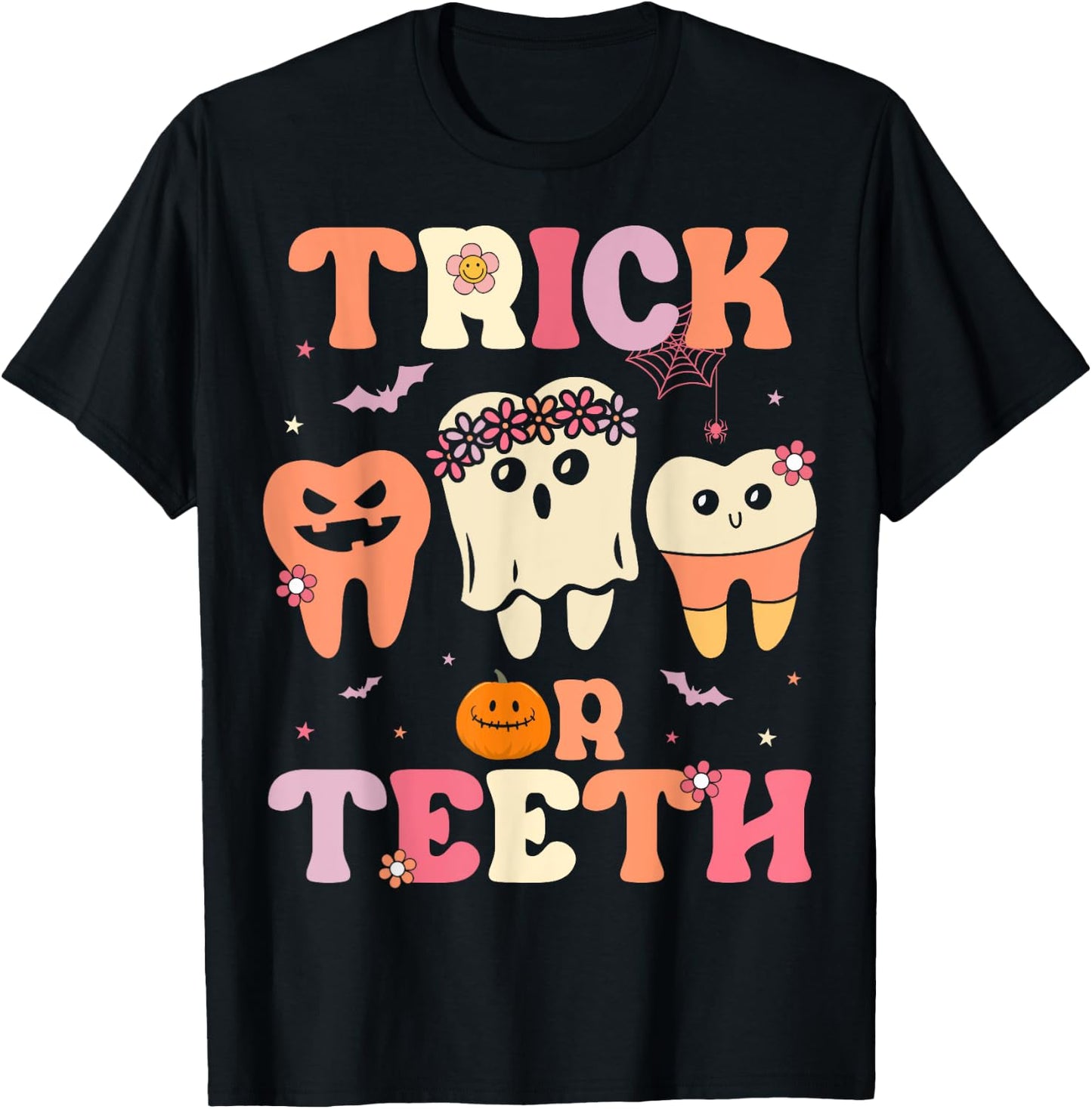 Trick Or Teeth Ghost Groovy Dental Halloween Treat Dentist T-Shirt - T-Shirt | Black