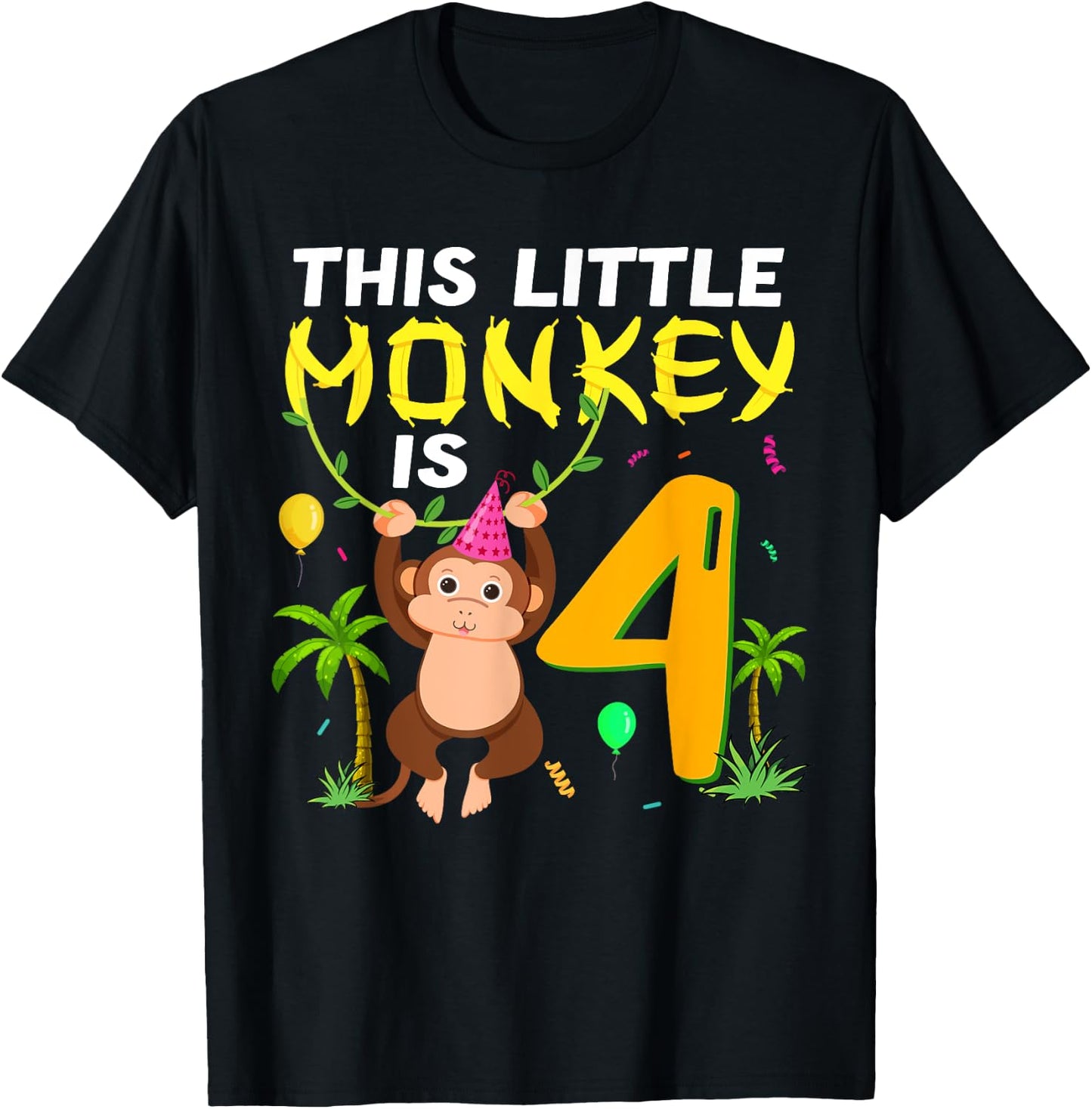 This Little Monkey Is 4 Jungle Safari Animal 4th Birthday T-Shirt - T-Shirt | Black