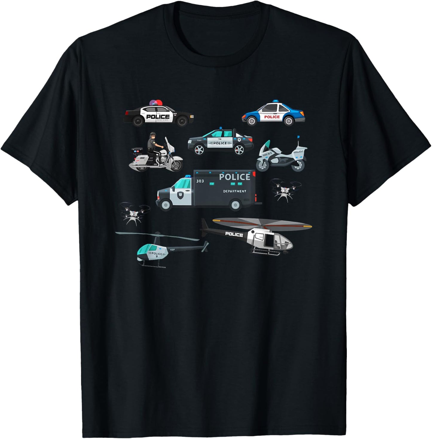 Police Vehicles Cop Cars Helicopter Toddlers Kids Women Men T-Shirt - T-Shirt | Black