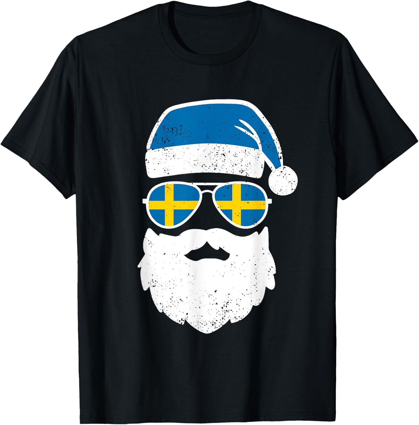 Funny Santa Claus Face Sunglasses Sweden Flag Swedish T-Shirt - T-Shirt | Black
