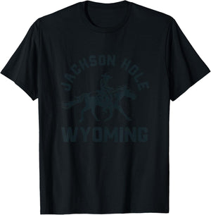 Retro Jackson Hole Wyoming Trendy Vintage Cowboy , -Adults, Kids, Grey, Small, Short Sleeve, Classic Fit, Cotton Blend, Polyester T-Shirt - T-Shirt | Black