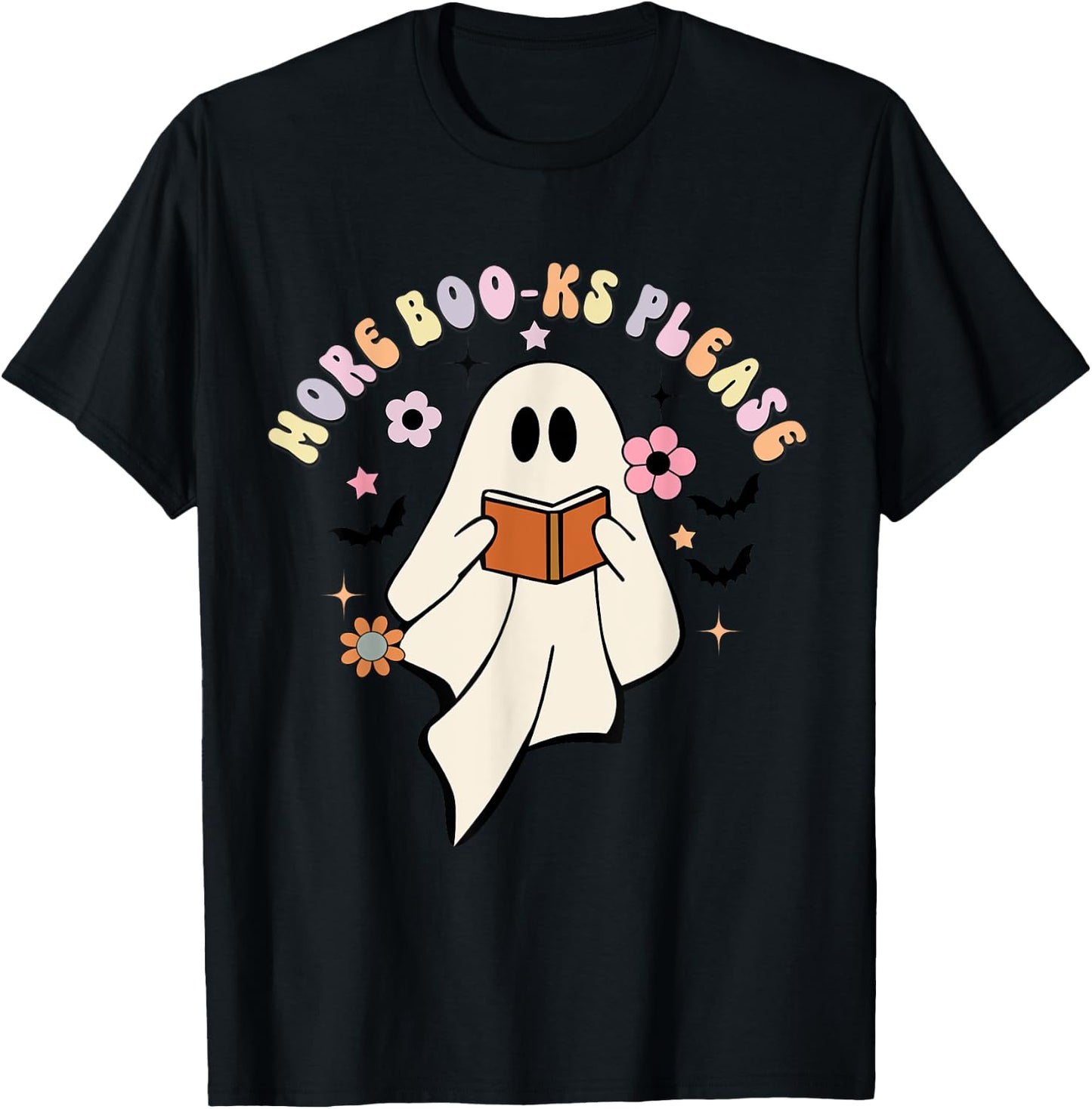 More Boo-ks Please, Retro Cute Ghost Book Reading Halloween T-Shirt - T-Shirt | Black
