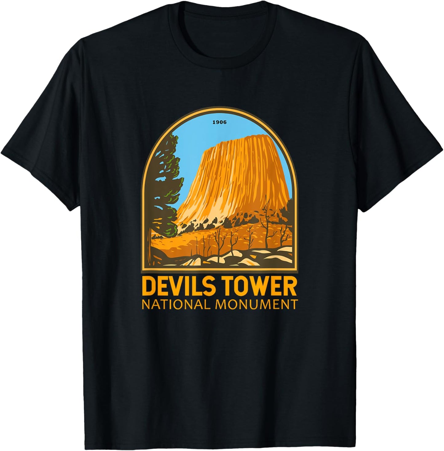 Devils Tower National Monument Wyoming Emblem Vintage T-Shirt - T-Shirt | Black