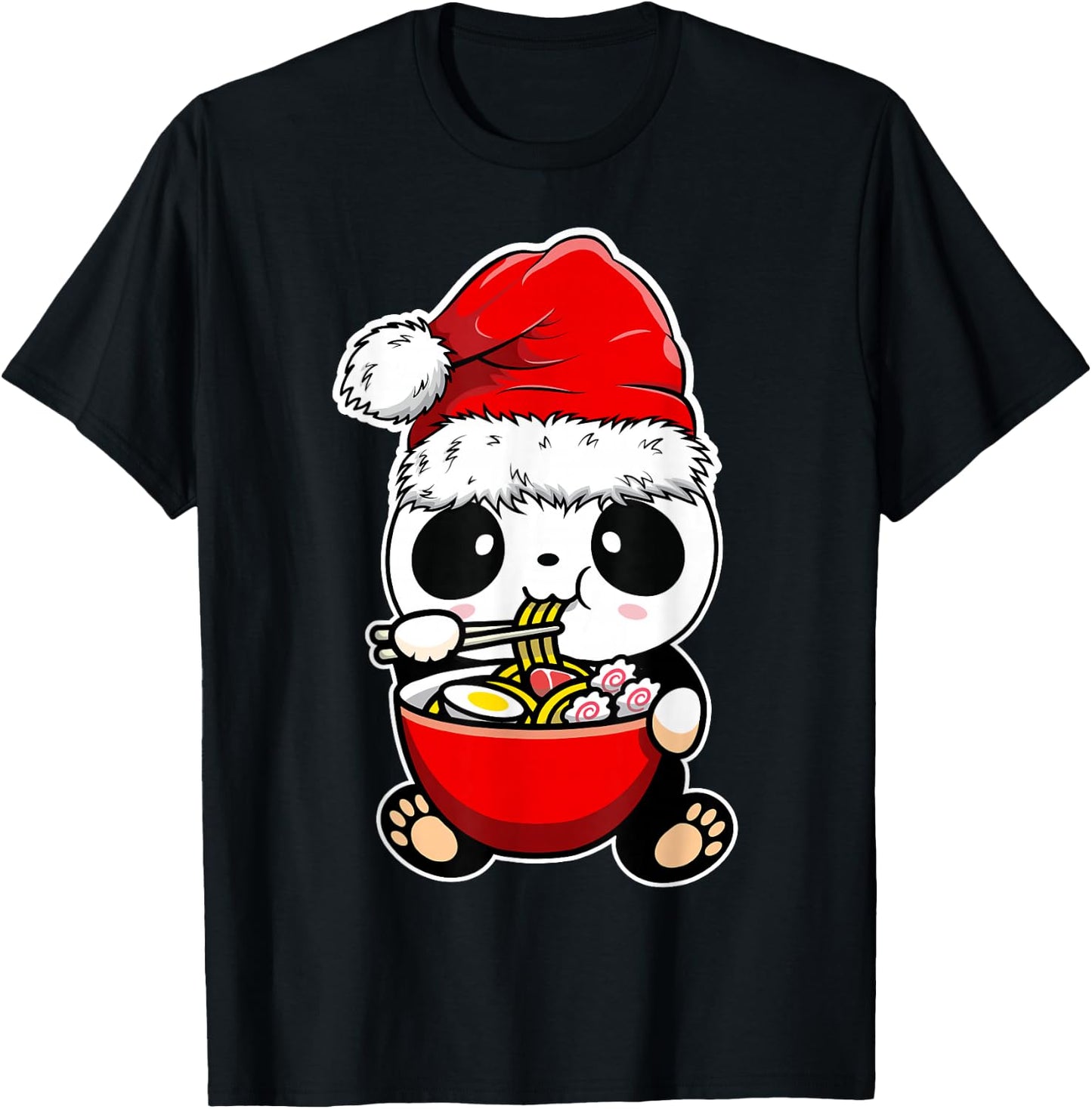 Panda Wearing Santa hat Xmas - Panda Eating Ramen Christmas T-Shirt - T-Shirt | Black