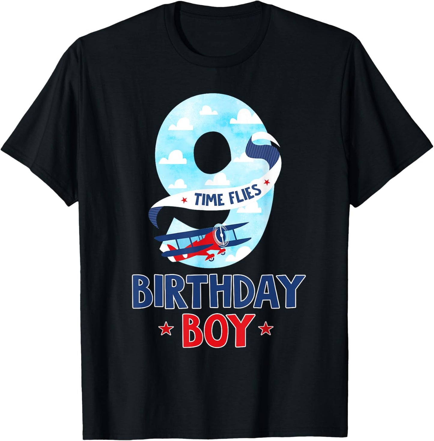 9 Year Old Birthday Outfit Boy Airplane Pilot 9th Bday T-Shirt - T-Shirt | Black