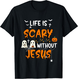 Life is Scary Without Jesus Christian Halloween Fall Ghost T-Shirt - T-Shirt | Black