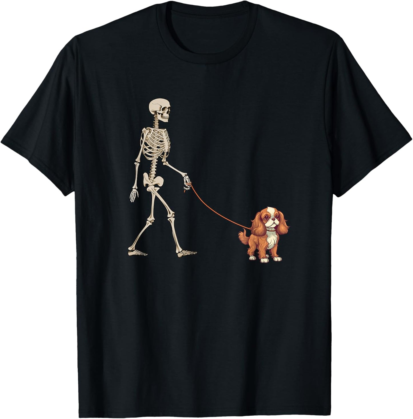 Funny Cavalier King Charles Spaniel Skeleton Dog Walking T-Shirt - T-Shirt | Black