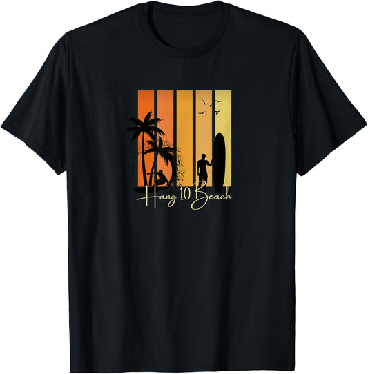 Hang 10 Beach Surfers Surfing Surf T-Shirt - T-Shirt | Black