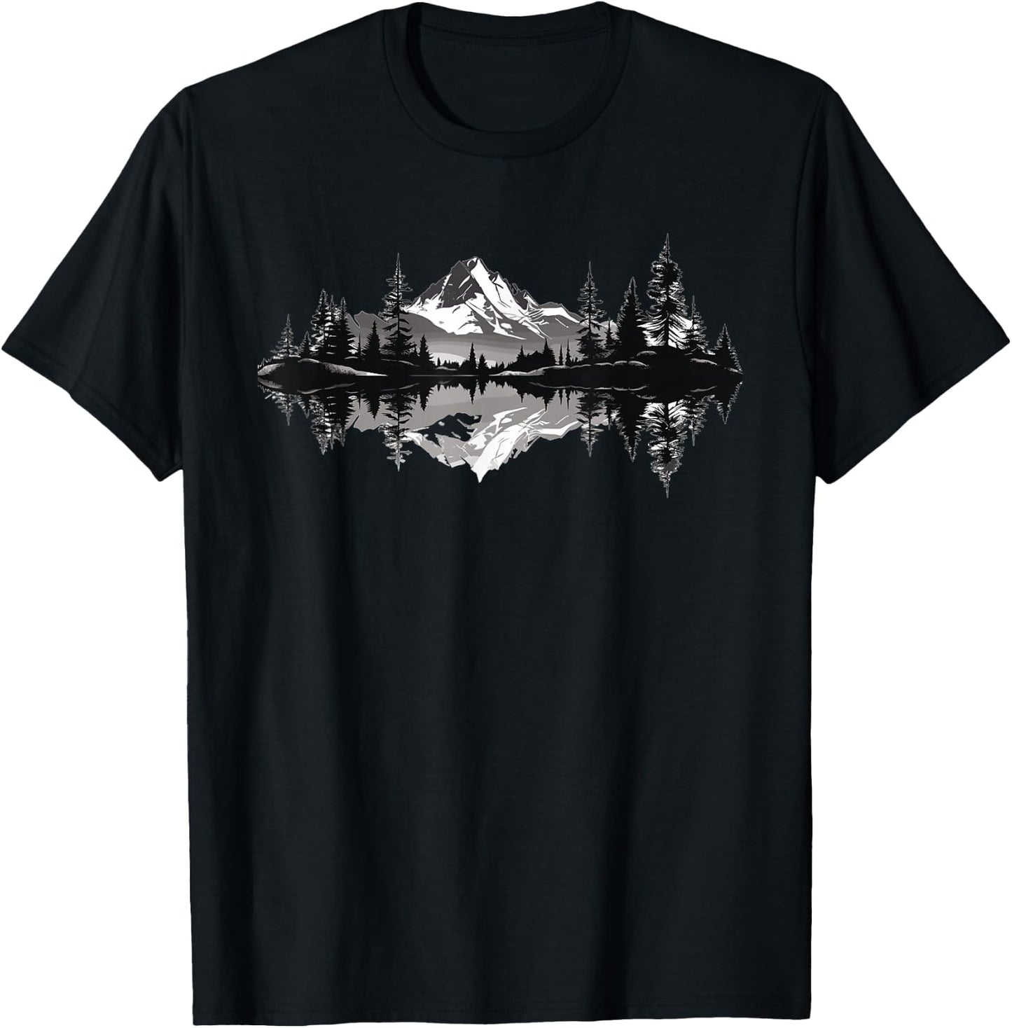 Mountain Landscape Reflection Forest Trees Outdoor Wildlife T-Shirt - T-Shirt | Black