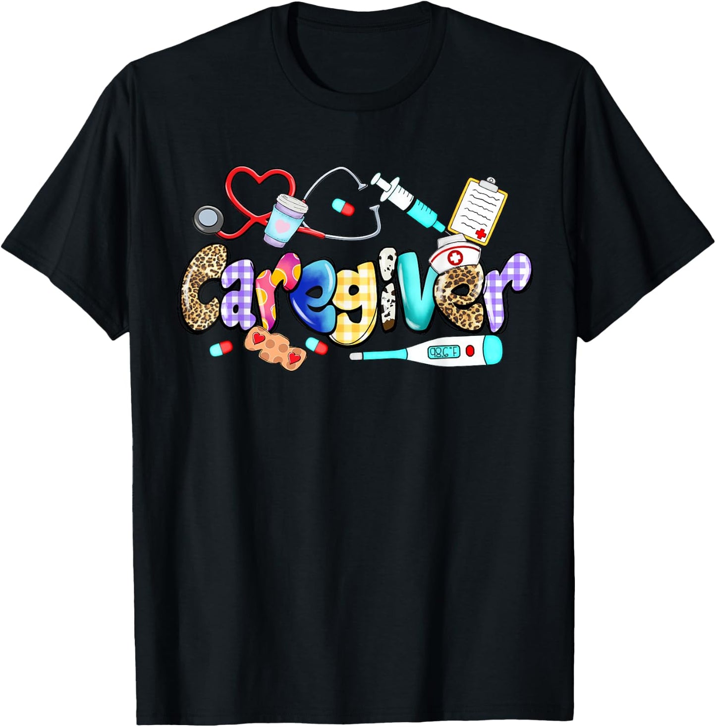 Caregiver Stethoscope Leopard Funny Caregiver Life Gifts T-Shirt - T-Shirt | Black
