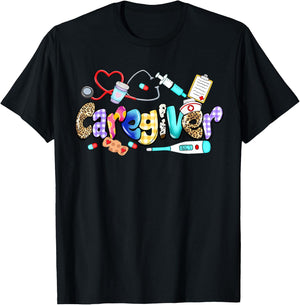 Caregiver Stethoscope Leopard Funny Caregiver Life Gifts T-Shirt - T-Shirt | Black