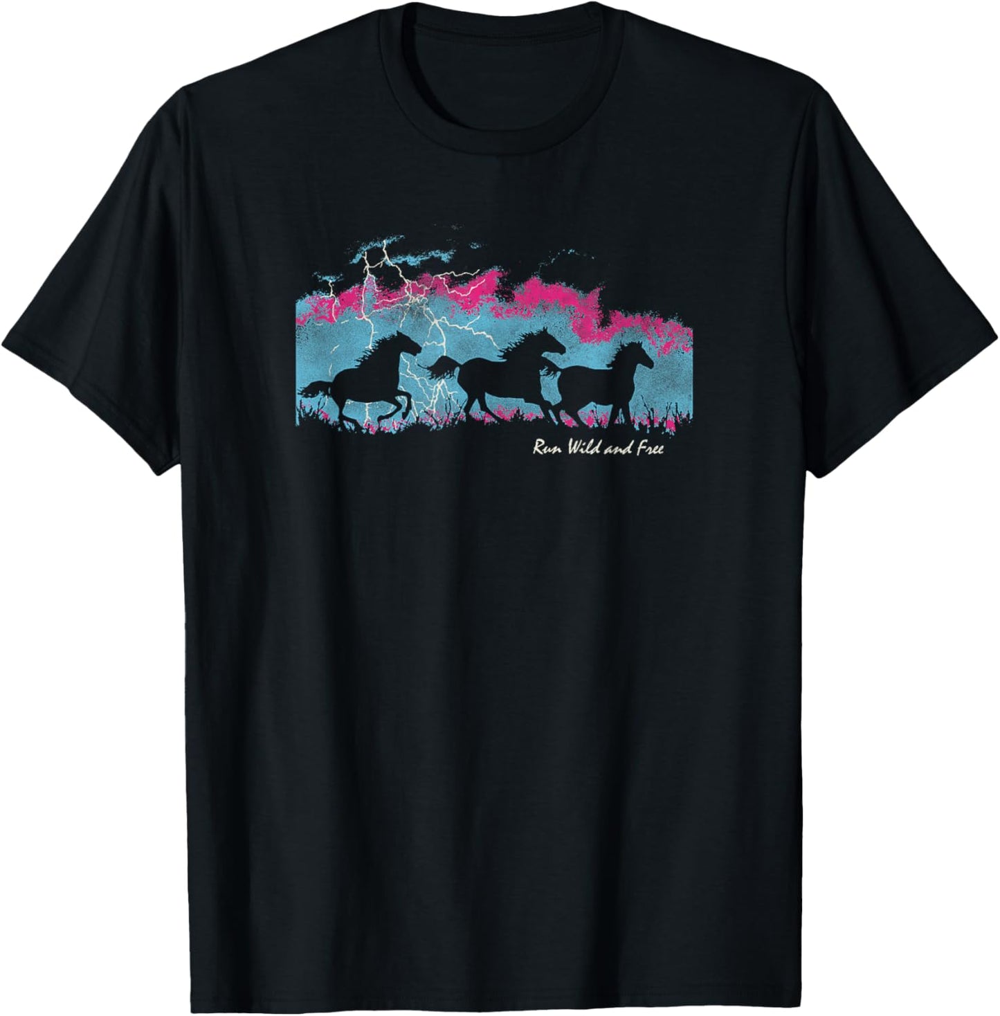 Run Wild And Free Horse Stud Thunder Background T-Shirt - T-Shirt | Black