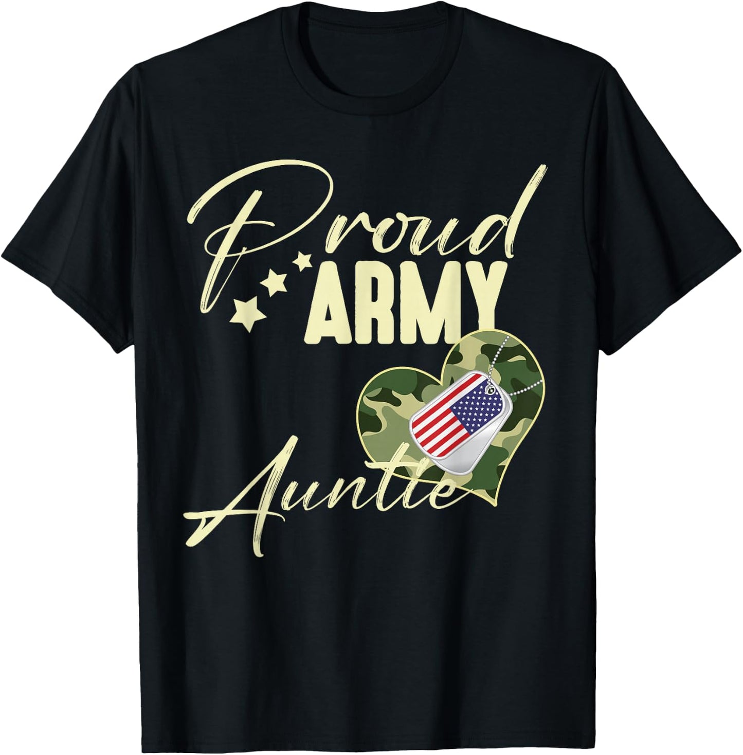 Proud Army AUNTIE Camouflage Dog Tag USA American Flag T-Shirt - T-Shirt | Black