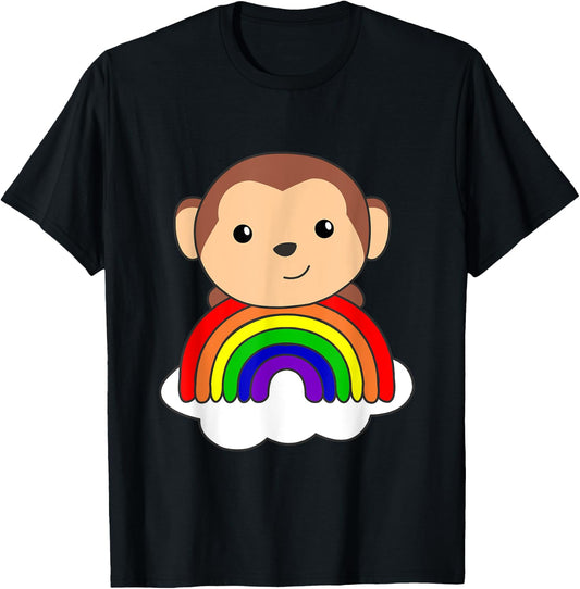 Monkey Rainbow Cloud Cute Animals For Kids Monkeys T-Shirt - T-Shirt | Black