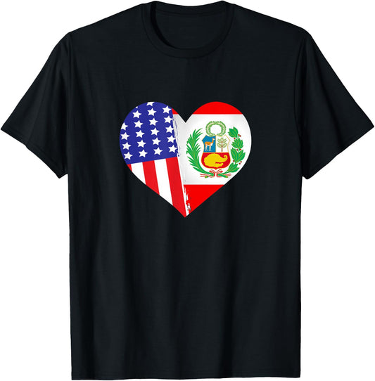 Peruvian American USA Peru America Flag Heart Roots Heritage T-Shirt - T-Shirt | Black