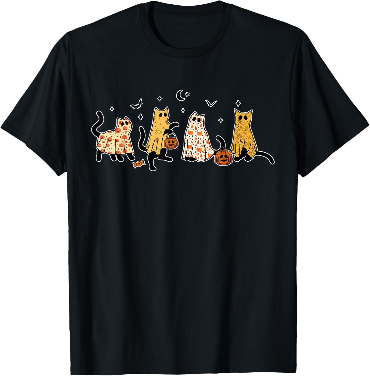 Cute Black Cats in Ghost Costume Women and Men Halloween T-Shirt - T-Shirt | Black