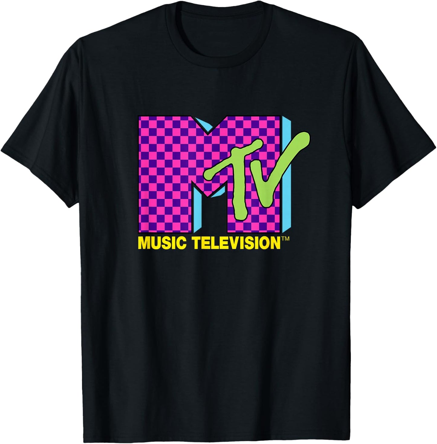 MTV Music Television Retro 80's Neon Pink Checkerboard Logo T-Shirt - T-Shirt | Black