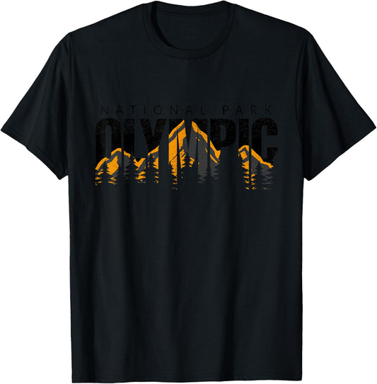 Olympic National Park -Adults & Kids Retro National Park Grey Small Classic Fit Short Sleeve Cotton 100% T-Shirt - T-Shirt | Black