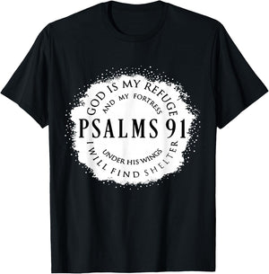 Christian Bible Verse Psalms 91 God Is My Refuge My Fortress T-Shirt - T-Shirt | Black