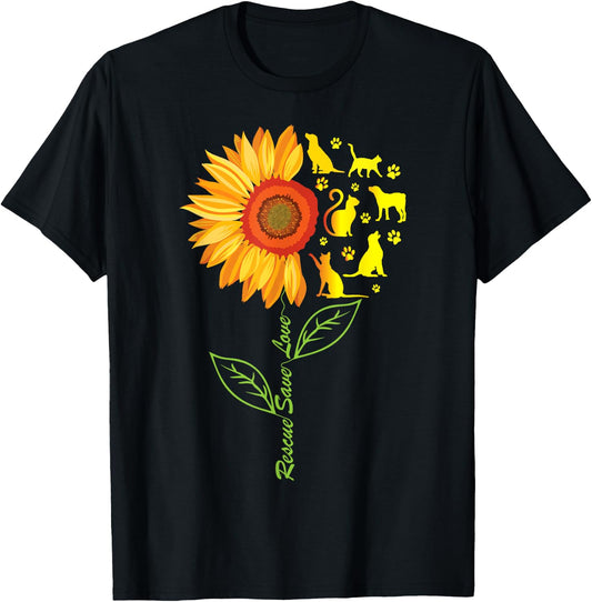 RESCUE SAVE LOVE PET Animal Shelter Sunflower Graphic Cute T-Shirt - T-Shirt | Black