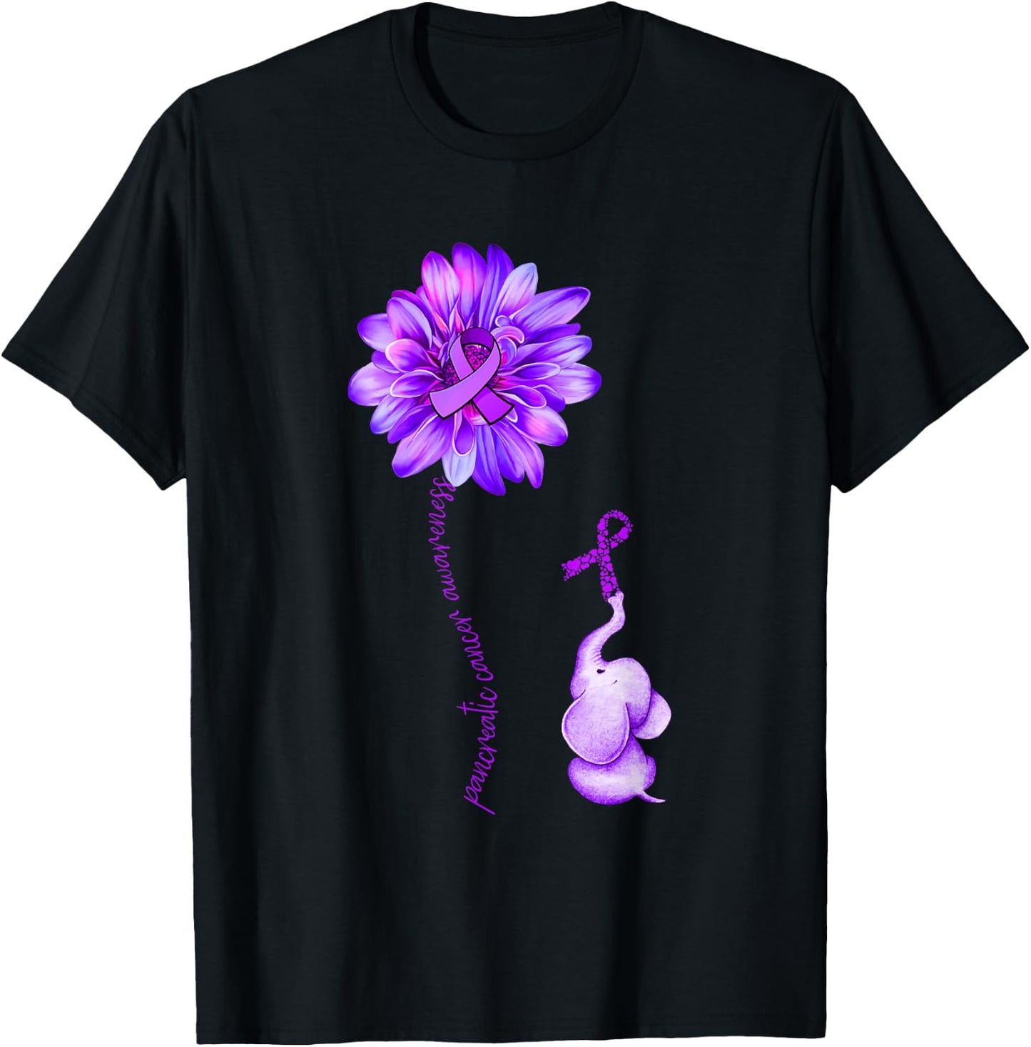 Elephant Sunflower Purple Ribbon Pancreatic Cancer Awareness T-Shirt - T-Shirt | Black