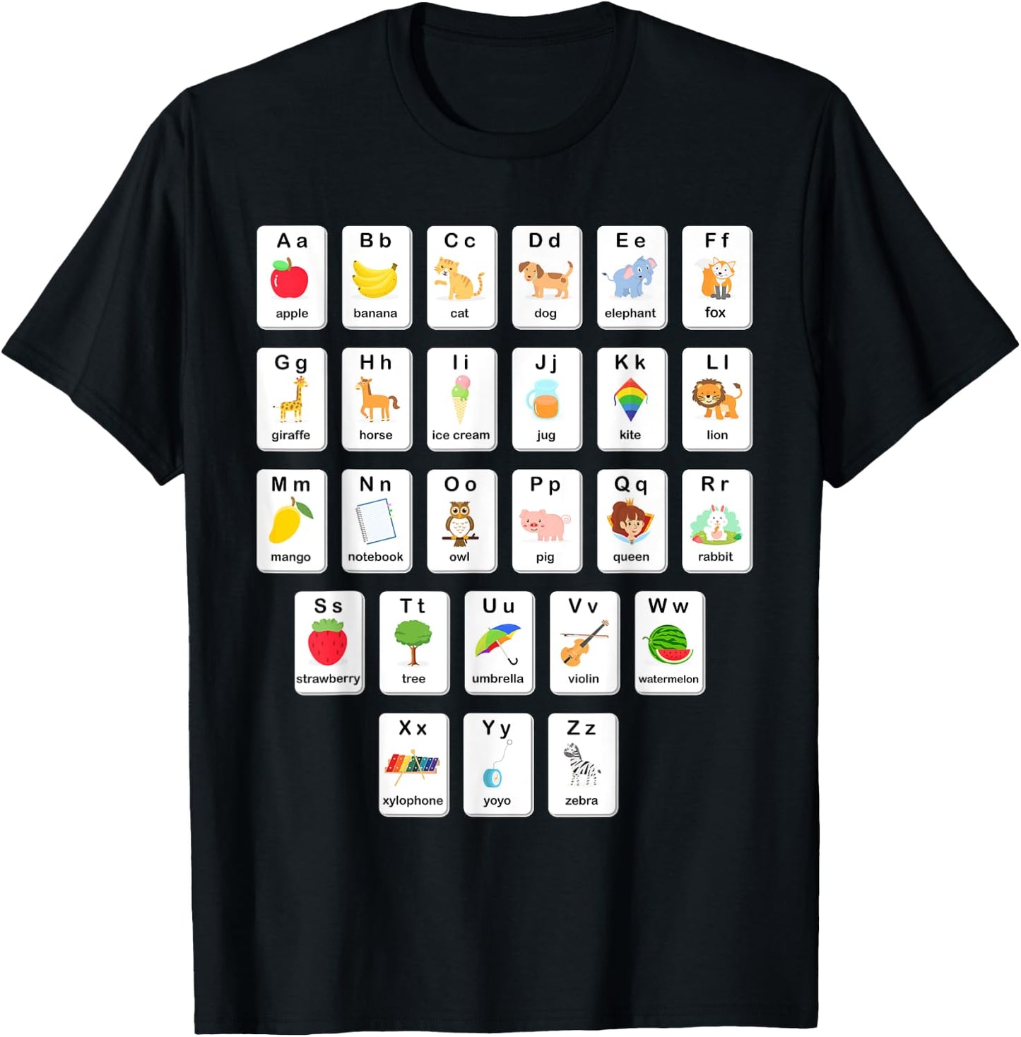 ABC Animals Object Flash Card A-Z Types of Alphabet Teacher T-Shirt - T-Shirt | Black