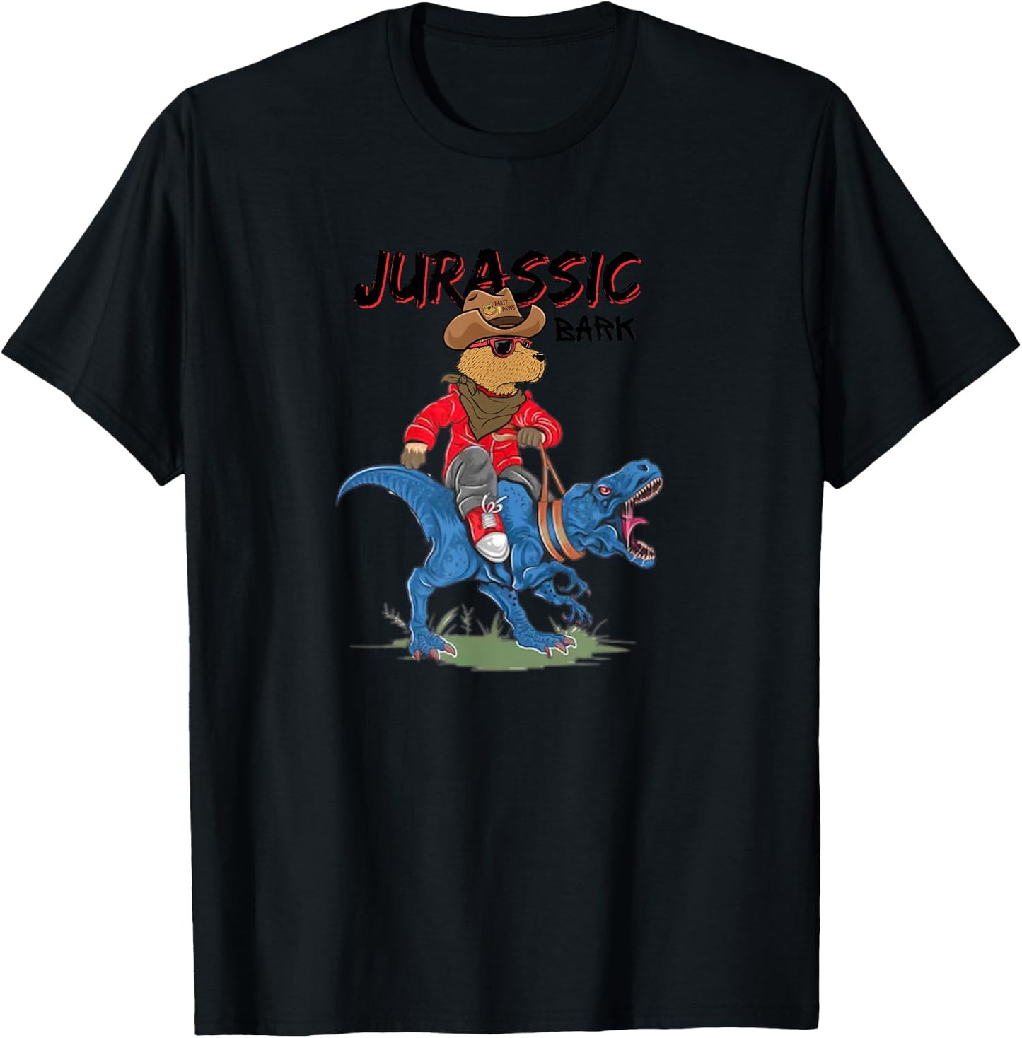 Jurassic Bark Funny Dog Riding Dinosaur Pun Dog Owners Jokes Men Women Kids T-Shirt - T-Shirt | Black